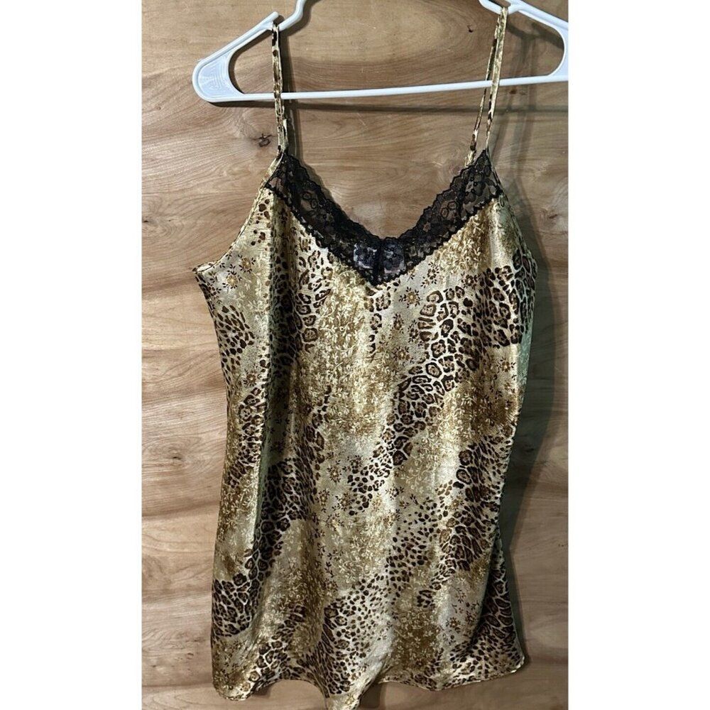 Gillian & O'Malley Shiny Leopard Floral Print Satin Chemise Slip Pajamas Large
